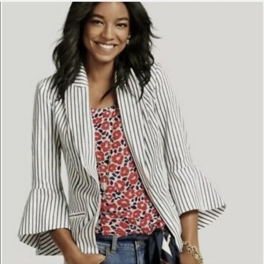 CAbi #5295 Size 6 Navy/ White Striped Bell Sleeve Blazer Jacket